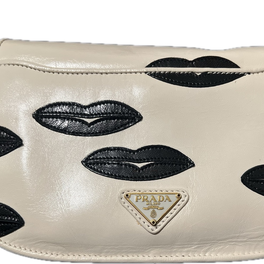Prada Black and Cream Lips Madras Crossbody Bag - Picture 2 of 9